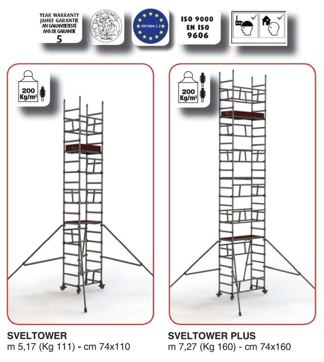 Vergelijk de Sveltower en Sveltower Plus – werkhoogtes tot 6,2 m en 8,3 m, geschikt voor één persoon Afbeelding van Sveltower en Sveltower Plus rolsteiger met afmetingen, gewicht en belastingcapaciteit